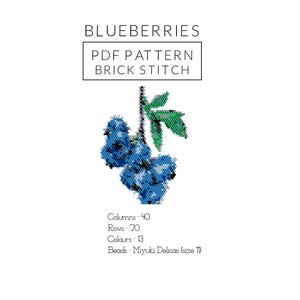 May include: A beading pattern for a blueberry sprig, featuring blue and green beads. The pattern is for brick stitch and uses Miyuki Delicas size 10 beads. The pattern is 40 columns by 70 rows and uses 13 colours.