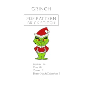 May include: A PDF pattern for a brick stitch beading project featuring the Grinch wearing a Santa hat. The pattern includes 33 columns, 85 rows, and uses Miyuki Delicas size 11 beads.