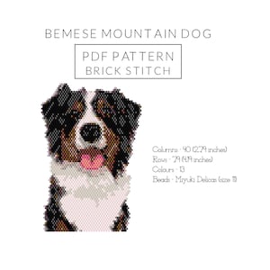 May include: A digital PDF pattern for a Bemese Mountain Dog in brick stitch. The image shows a pixelated dog portrait with black, brown, and white colors. The pattern includes 40 columns (2.79 inches), 79 rows (4.19 inches), and 13 colors.