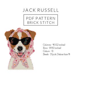 Puede incluir: Un patrón PDF digital para un perro Jack Russell en punto de ladrillo. El perro lleva gafas de sol y un pañuelo rosa. El patrón incluye 46 columnas (81.3 cm) y 81 filas (10.9 cm).