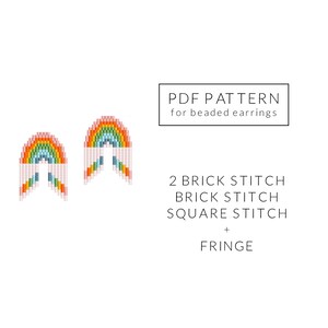 May include: PDF pattern for beaded rainbow earrings. The pattern uses 2 brick stitch, brick stitch, and square stitch, plus fringe.