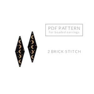 May include: PDF pattern for beaded earrings with a crescent moon design. The pattern is for 2 brick stitch earrings.