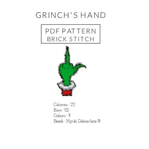 Puede incluir: Una mano verde del Grinch con una maceta roja, un patrón de abalorios para un proyecto de punto de ladrillo. El patrón es para 27 columnas, 52 filas y 11 colores. Las cuentas son Miyuki Delicas talla 10.