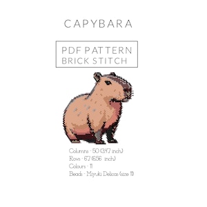 May include: A pixelated capybara design for a PDF pattern in brick stitch. The image includes the text "CAPYBARA" and "PDF PATTERN BRICK STITCH". The design is 3.47 inches wide and 6.56 inches tall, using 11 colors.