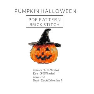 May include: A digital PDF pattern for a Halloween-themed brick stitch design. The image features an orange pumpkin wearing a black witch hat. The pattern is 40 columns (2.79 inches) by 56 rows (2.97 inches) and uses 10 colors. The beads are Miyuki Delicas (size 11).
