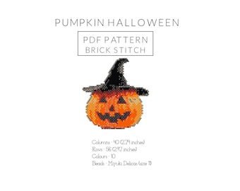 May include: A digital PDF pattern for a Halloween-themed brick stitch design. The image features an orange pumpkin wearing a black witch hat. The pattern is 40 columns (2.79 inches) by 56 rows (2.97 inches) and uses 10 colors. The beads are Miyuki Delicas (size 11).