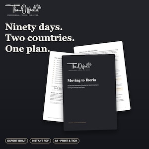 May include: A digital document titled Moving to Iberia, a 90-day relocation checklist for North Americans moving to Portugal and Spain. The document features the logo The Office with a scale icon, and text stating Ninety days. Two countries. One plan.