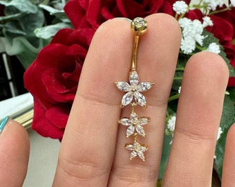 14k Gold Flower Dangly Belly Ring: Surgical Steel Body Piercing
