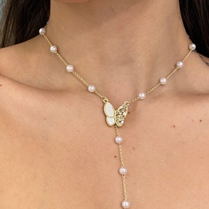 Butterfly Pearl Lariat Necklace | Butterfly Elegant Necklace | Pearl Butterfly Brass Necklace | Butterfly Dainty Elegant Spring Necklace