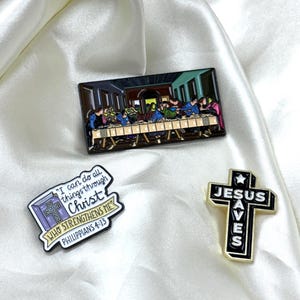 Christian Faith Pin Set – 3 Inspirational Enamel Pins: Jesus Saves Cross, Philippians 4 13, The Last Supper Pin Pack