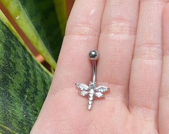CZ Dragonfly Dangly Belly Ring: Surgical Steel Navel Jewelry