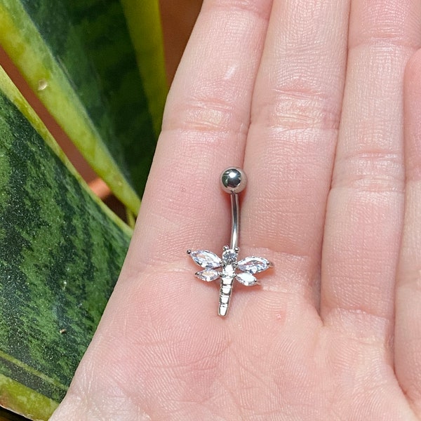 Dragonfly Belly Ring | Sparkly CZ Dragonfly Dangly Belly Ring | Dragonfly Belly Ring | Surgical Steel Dangly Dragonfly Belly Ring