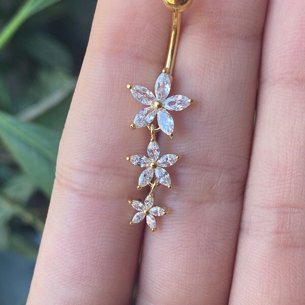 Flower Belly Ring/ 14k Gold Belly Ring/Dangly Flower Ring/Sparkly Body Jewelry/ Flower Belly Piercing/ Dangly Belly Piercing/ Flower Ring