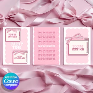 Pacchetto di inviti di compleanno / 3 inviti di compleanno modificabili / Biglietti estetici rosa 5x7 per ragazze / Invito digitale / Modelli stampabili