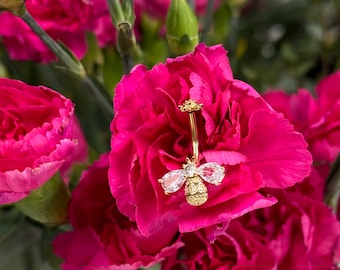 Dangly Flower Bee Belly Ring: Sparkly Surgical Steel Piercing
