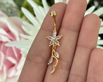 14k Gold Plated Flower Belly Ring: Dangly Surgical Steel Piercing