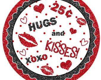 Valentines wreath attachment, metal sign ,hugs and kiss, red