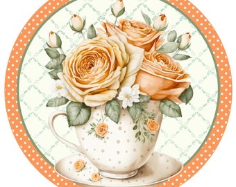 A spring wreath attachment, peach roses in a tea cup