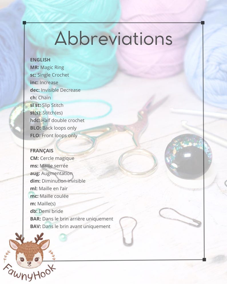 K&ouml;nnte beinhalten: Eine Tabelle mit H&auml;kelabk&uuml;rzungen in Englisch und Franz&ouml;sisch. Die Tabelle enth&auml;lt Begriffe wie "Magic Ring", "Single Crochet", "Increase", "Decrease", "Chain", "Slip Stitch", "Half Double Crochet", "Back Loops Only" und "Front Loops Only".