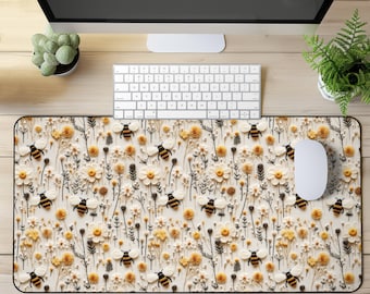 Bumblebee Floral Desk Mat 3D Faux Embroidery Desk Pad Floral Bumblebee Mouse Pad Floral Gaming Desk Mat Floral Mat Design Cute Office Decor