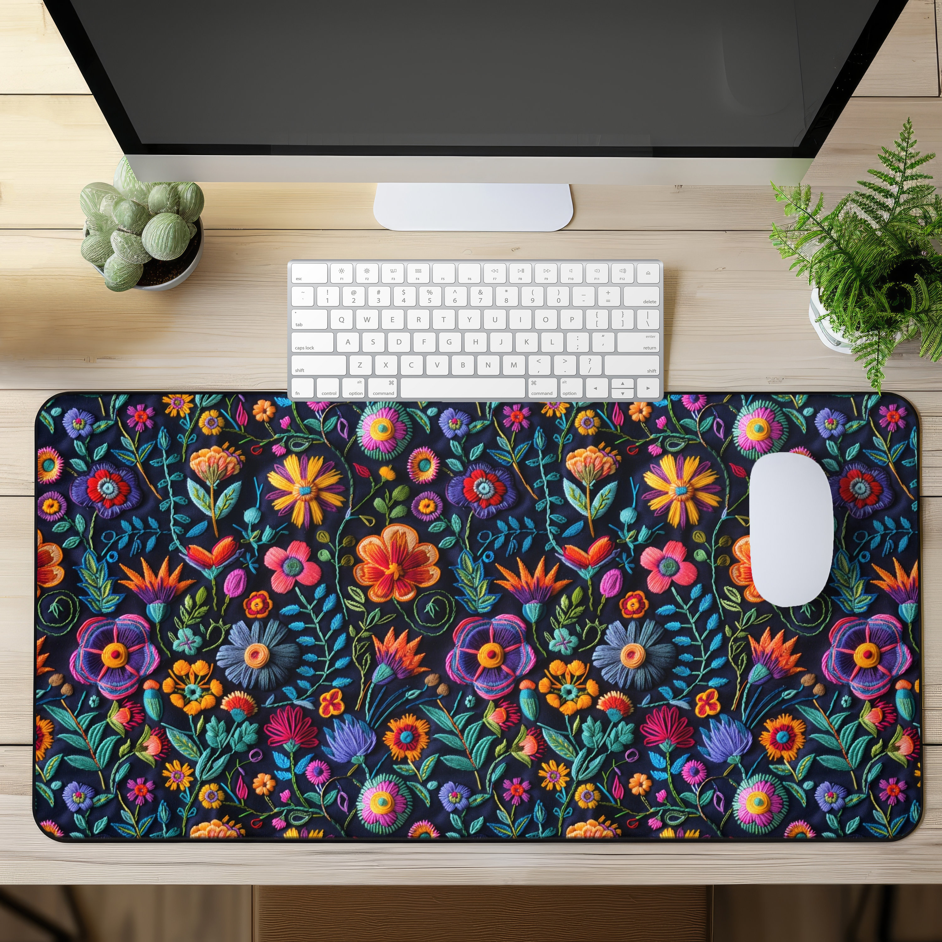 Mexican Floral Desk Mat Cute Mexican Floral Faux Embroidery Desk Pad Floral Mouse Pad Mexican Floral Gaming Desk Mat Cute Office Decor