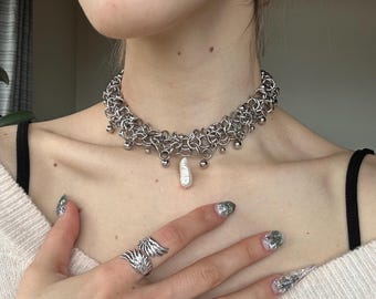Pearl Orc Necklace | Stainless steel Jewelry | Natural Pearls | Waterproof | Handmade | Chainmail