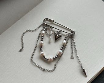 Handmade Pearl Stainless Steel Brooch | Medieval Edgy Pin Accessory