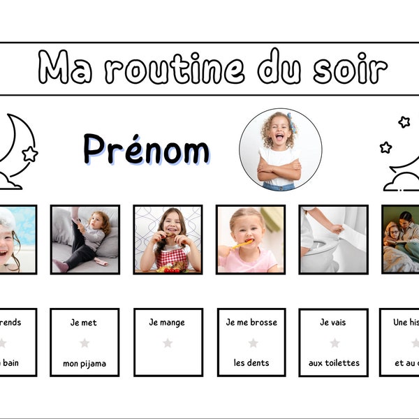 CUSTOMIZABLE evening routine sheet - First name and photo of the child. CUSTOMIZABLE evening routine sheet - Name and kid’s photo.