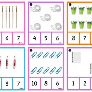 Cartes à dénombrer - Thème école - Les premiers exercices de mathématiques.