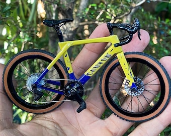 Canyon Gravel - Miniature Replica Handmade Bicycle - Cyclist Gift with Display Case - BLUE YELLOW