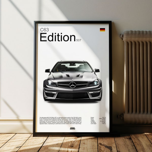 Mercedes AMG C63 Edition 507 Poster, stampa tedesca Supercar Wall Art, arte da parete per auto di lusso, arredamento automobilistico AMG C63, stampa automobilistica di lusso