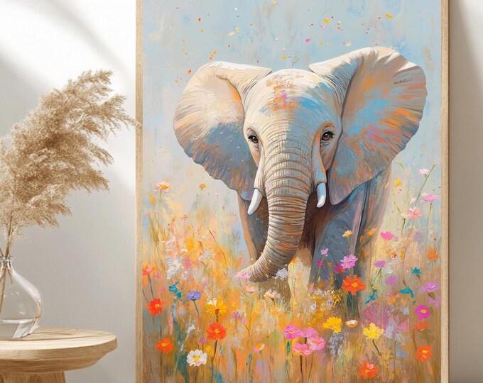 Floral Elephant Print, Whimsical Forest Animal Prints, Instant Download Digital Prints