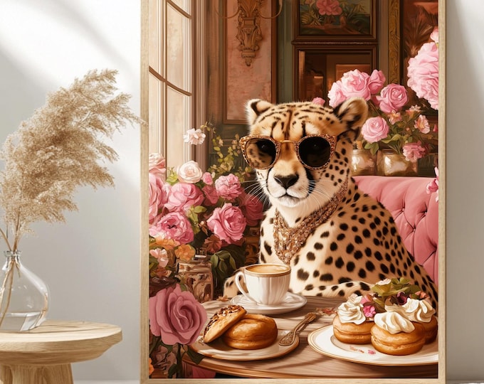 Trendy Cheetah Posters, Vintage Glam Poster, Stylish Cheetah, Floral Wildlife Painting, Instant Download Digital Prints
