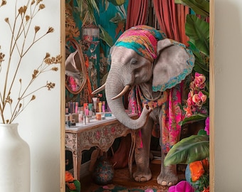 Maximalist Elephant Print: Eclectic Tropical Home Decor (Digital Download)