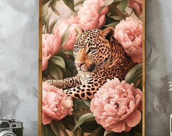 Leopard & Pink Peonies Art Print: Elegant Floral Animal Decor (Digital Download)