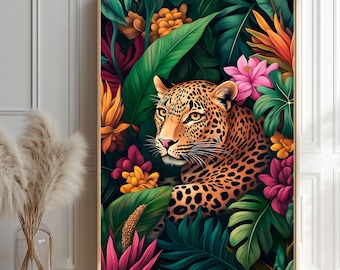 May include: A digital illustration of a leopard with orange and black spots, surrounded by lush green leaves and vibrant pink, red, and yellow flowers.