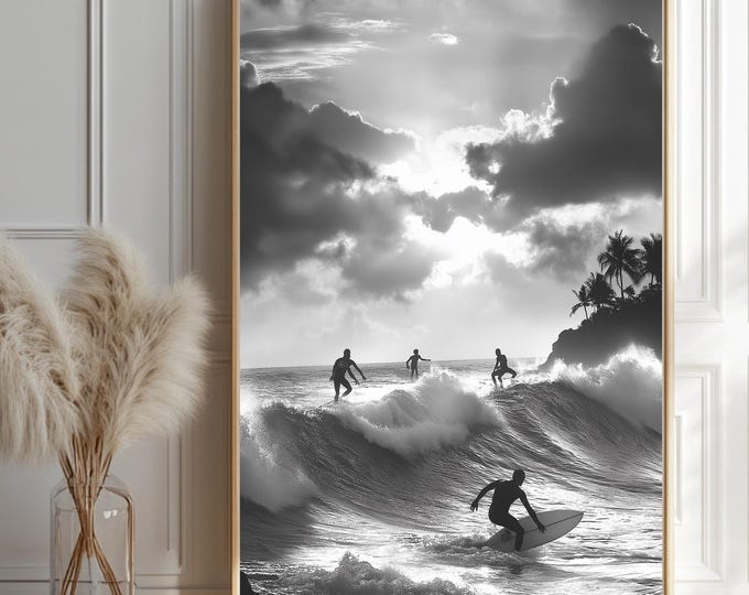 Surfing Wall Arts, Photography Art Prints,  Black-and-white Ocean-Wall-Art-Prints, Ai Art Realistic, Instant Download