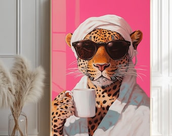 Leopard in Bathrobe Art Print: Funny Bathroom Animal Decor (Digital Download)