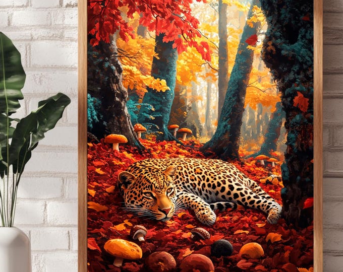 Autumn Leopard Wall Art Printable | Forest Animal Nursery Decor Download | Fall Wildlife Art Poster Digital | Boho Jungle Kids Room Print