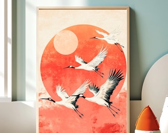 Japanese Crane Print: Japandi Red Sun Zen Decor (Digital Download)