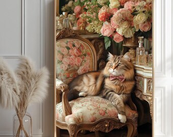 May include: A framed print featuring a regal cat lounging on a floral-patterned antique chair. The cat wears a pink bow tie and is surrounded by a bouquet of pink and cream flowers. The artwork has a vintage aesthetic.