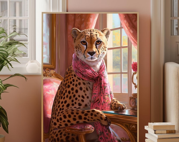 Fashion Leopard Wall Art Print, Cheetah Preppy Poster, Dopamine Decor, Pink Bathroom Print, Fashion Wall Art, Maximalist Design, AI Print