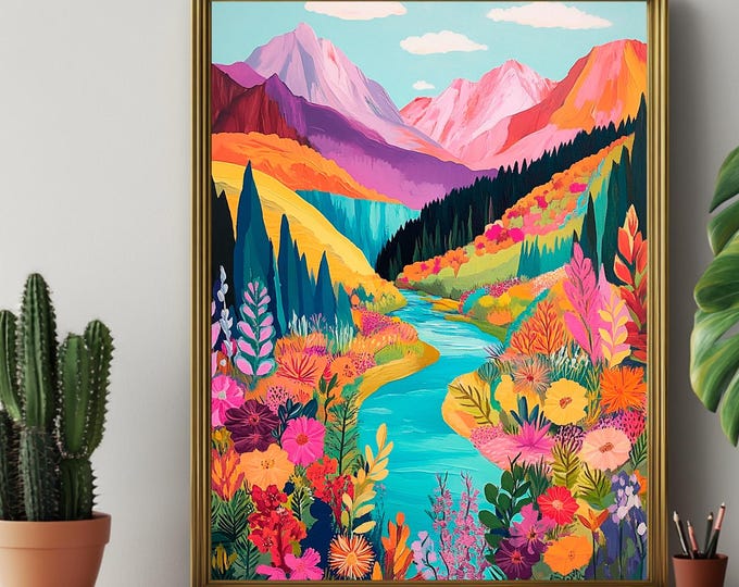 Colorful Wall Decor, Floral Mountain Art, Digital Download