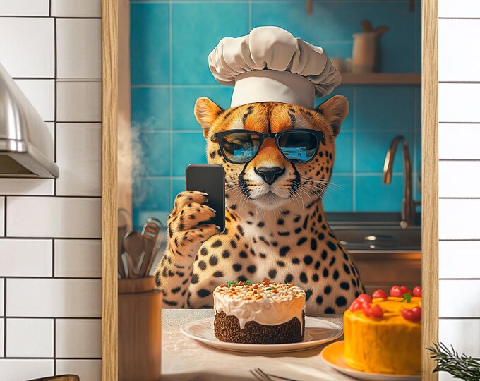 Kitchen-Wall-Print, Chef Poster Wall Art, Leopard Poster, Cooking Downloadable Art, AI Irt