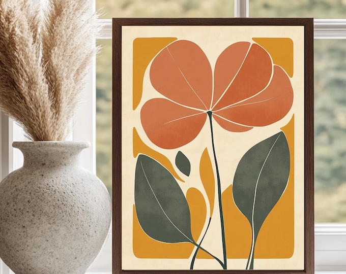 Abstract Botanical Printable Wall Art, Boho Flower Art Poster, Mustard Yellow Floral Print, Digital Download