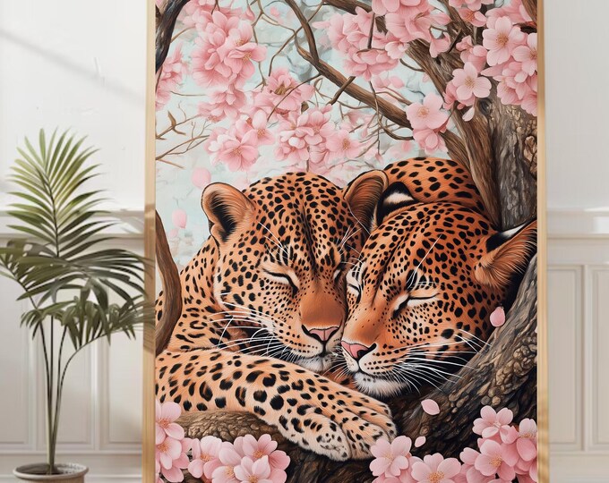 Loving family Art, Aesthetic Digital Art, Trendy Leopard Wall Art, Leopard Print, Cherry Blossom art, Download Digital Print