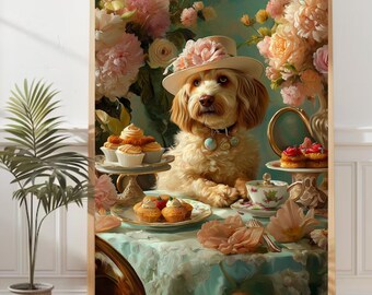 Dog Tea Party Art Print: Funny Cottagecore Animal Portrait (Digital Download)