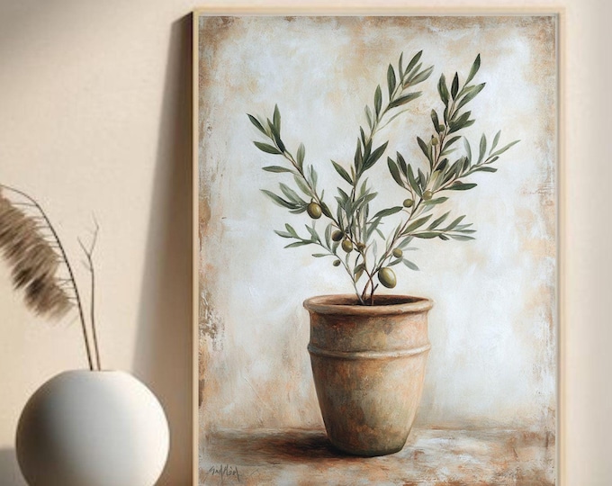Olive Branch Art, Terracotta Pot Painting, Botanical Decor