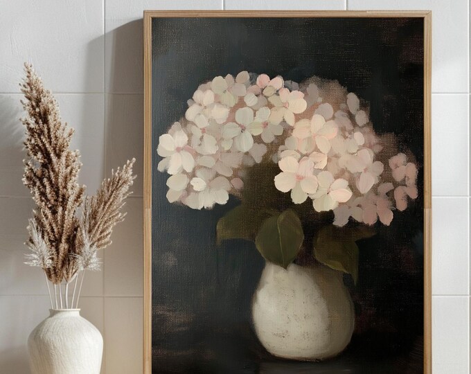 Hydrangea Painting, Vintage Flower Print, Dark Moody Antique Botanical Still Life, Instant Download Digital Prints