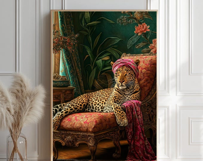 Cheetah Poster Print, Dopamine Decor, Botanical Animal Art, Exotic Animal Wall Decor, Leopard Wall Art, AI Art